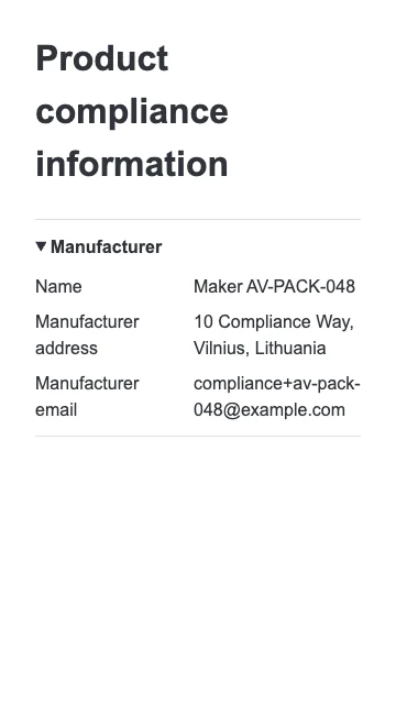 AppAvio compliance information displayed on a product page