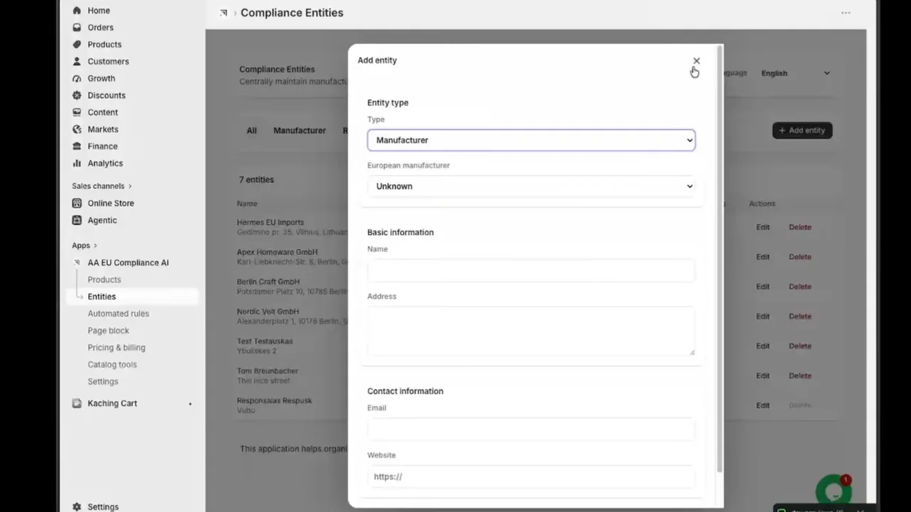 AppAvio product editor with compliance fields filled